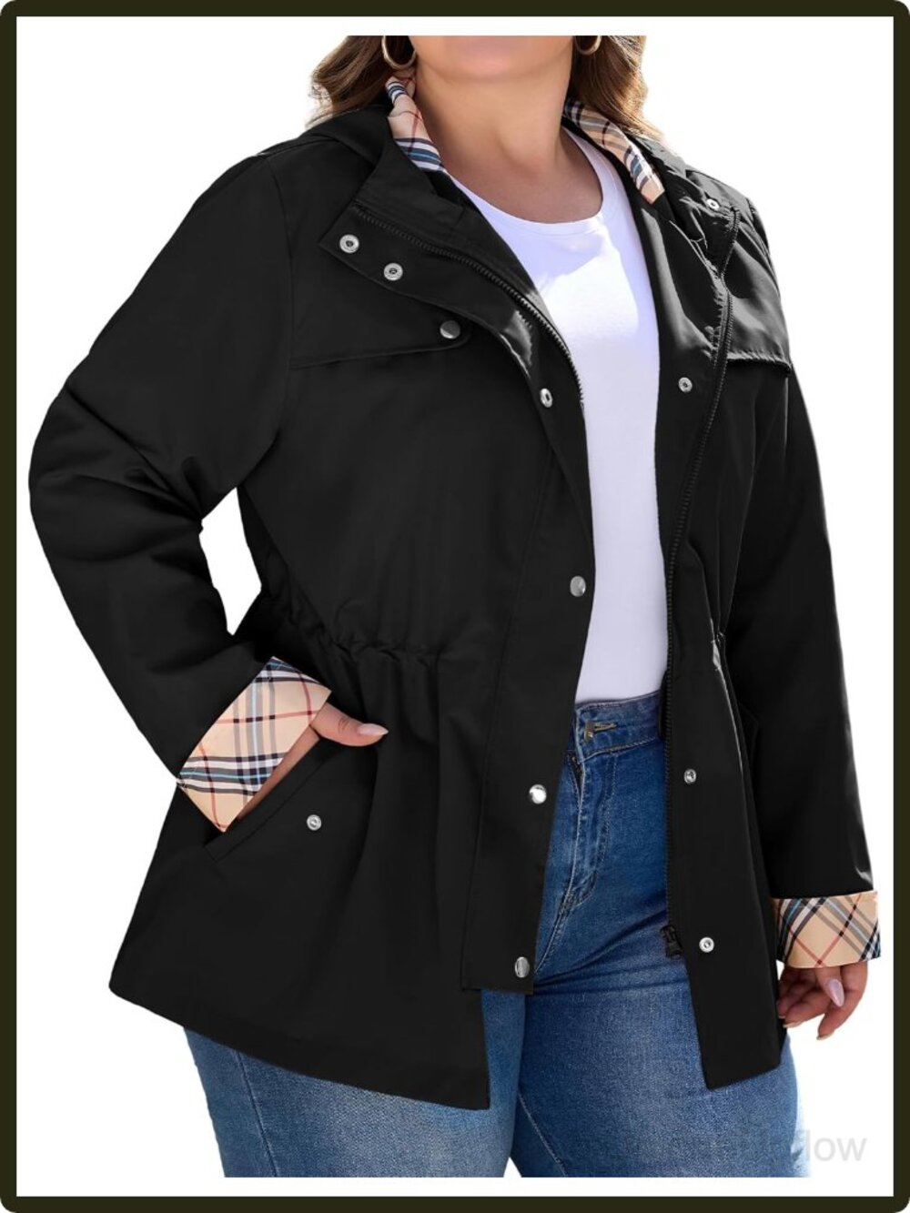 Plus Size Waterproof Hooded Rain Jacket Lightweight Windbreaker Black Plaid